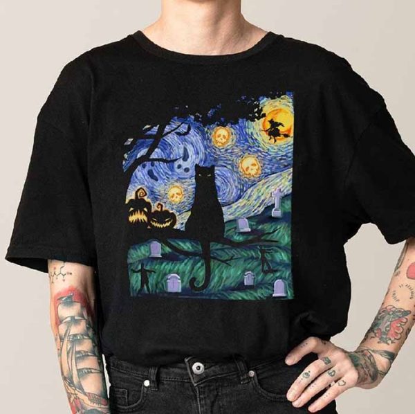 Cat, Scary Night Cat, Van Gogh, Halloween T-Shirt