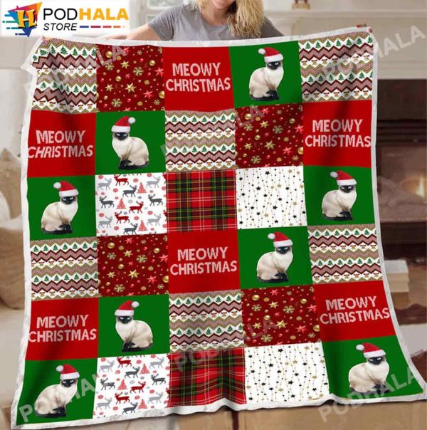 Cool Santa Claus Cat Meowy Pattern Christmas Blanket For Bed Couch Sofa
