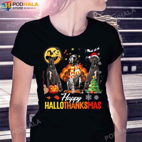Great Dane Happy Hallothanksmas Halloween Thanksgiving Christmas T-Shirt