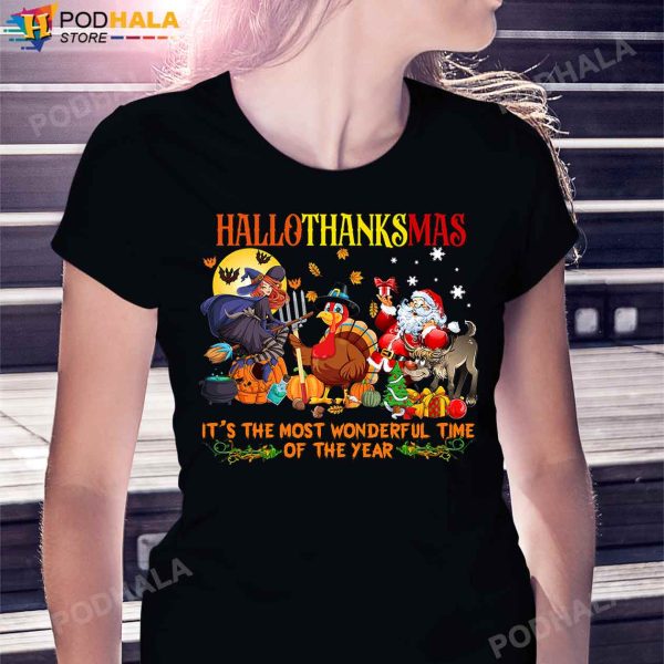Happy Hallothanksmas Funny Witch Halloween Turkey Thanksgiving Santa Claus Christmas T-Shirt