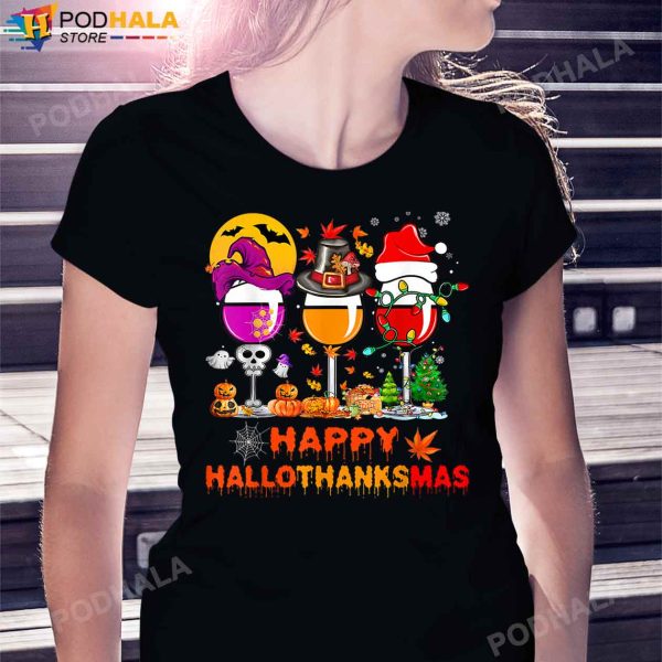 Happy Hallothanksmas Wine Glasses Witch Santa Hat Halloween Pumpkin T-Shirt