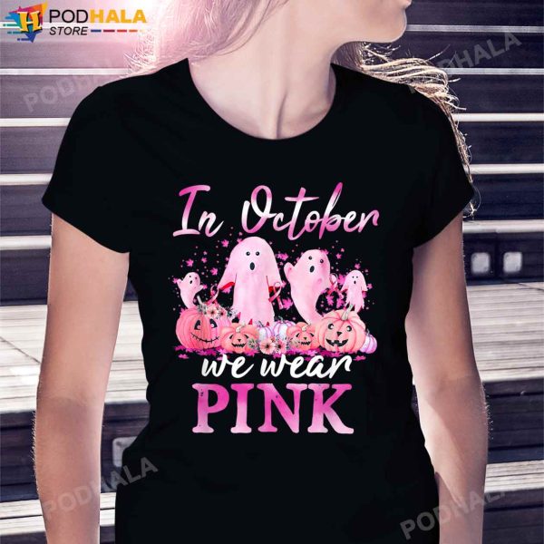 In October We Wear Pink Ghost Halloween Pumpkin Breast Cancer T-Shirt