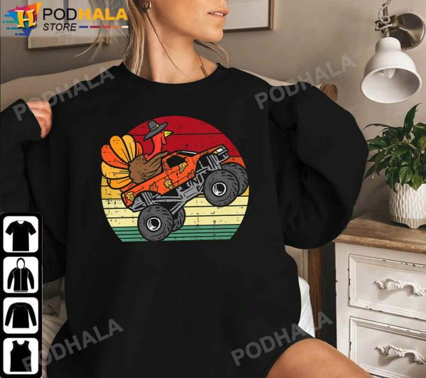 Retro Sunset Monster Truck Turkey Thanksgiving Gifts T-Shirt