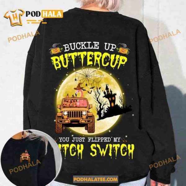 Buckle Up Buttercup Witch Flamingo Pumpkin Jeep Cute Halloween Shirt