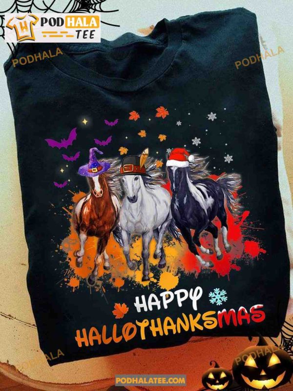 Happy Hallothankmas Happy Halloween Horse With Witch Hat Merry Christmas Shirt
