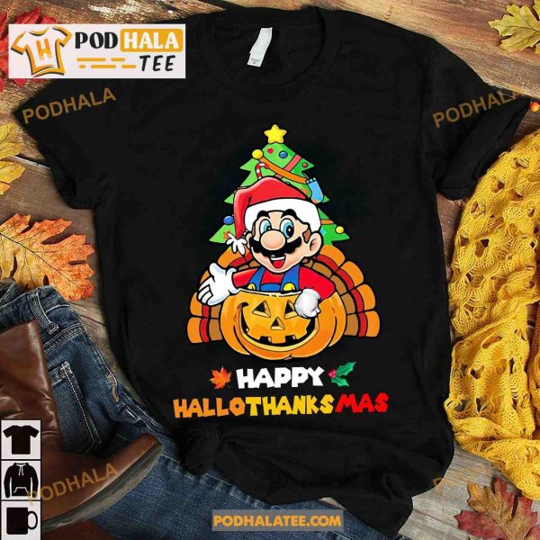 Happy Hallothankmas Super Mario Halloween Pumpkin Christmas Tree Shirt