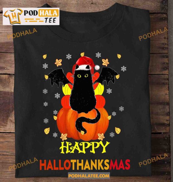 Happy Hallothanksmas Devil Black Cat Halloween Pumpkin Gift For The Holidays Shirt