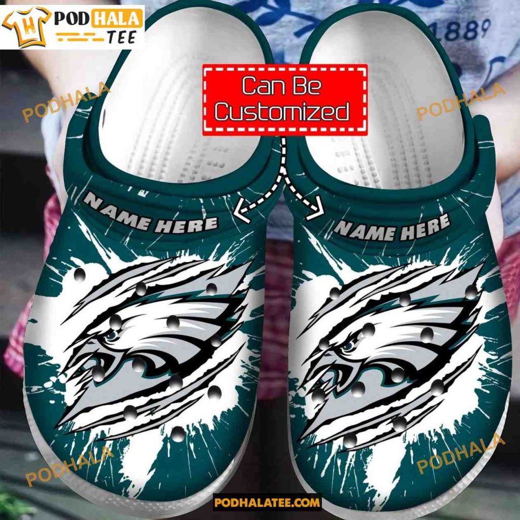 Custom Name National Football Philadelphia Eagles Crocs Football Ripped Through Band Clog Shoes