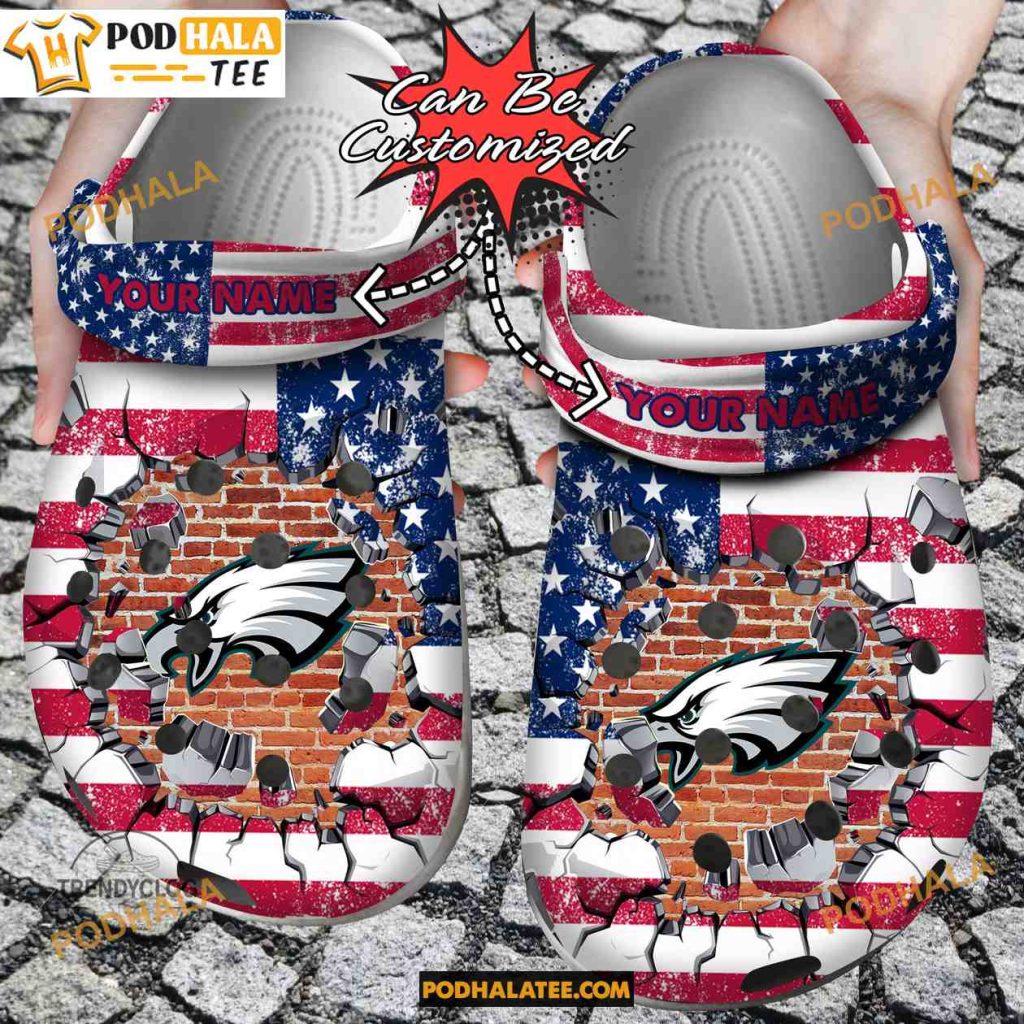Football Custom Name Philadelphia Eagles Crocs American Flag Breaking Wall Clog Shoes
