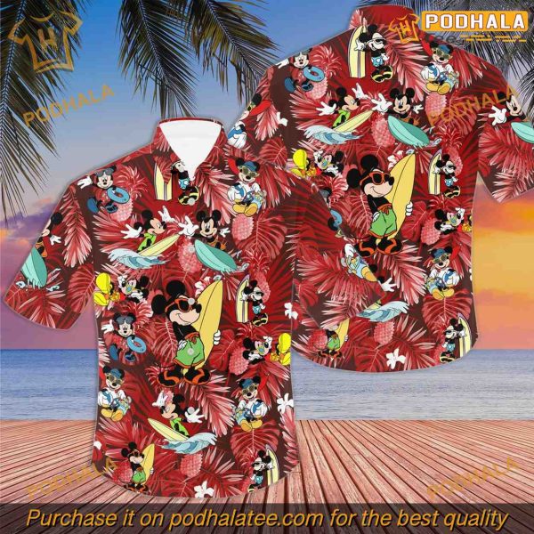 Mickey Mouse Surfing Red Pattern Shirt, Tropical Disney Hawaiian Summer Style