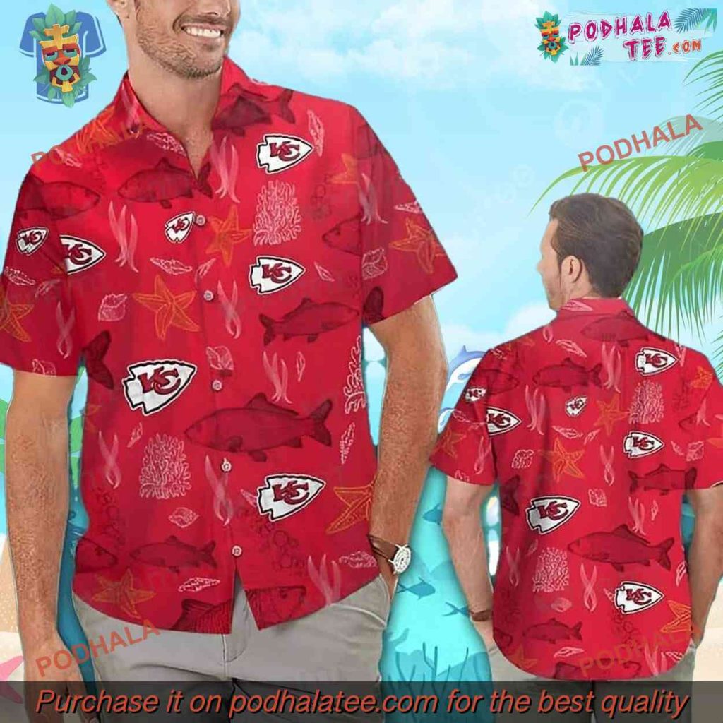 NFL Chiefs Hawaiian Shirt Fish Starfish Coral Design, Chiefs Summer Wear