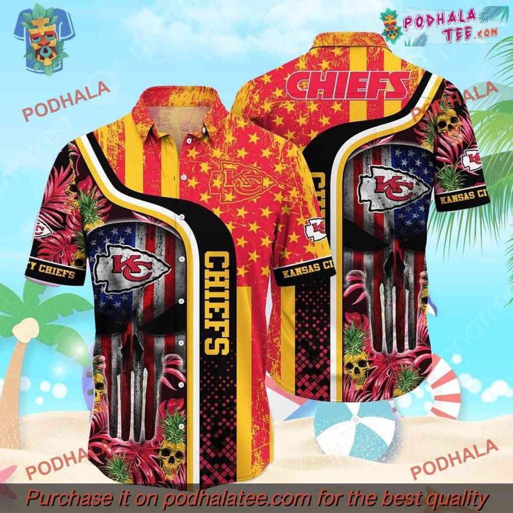 NFL Chiefs Skull Tropical Hawaiian Shirt, Beach Gift for Kansas City Fans