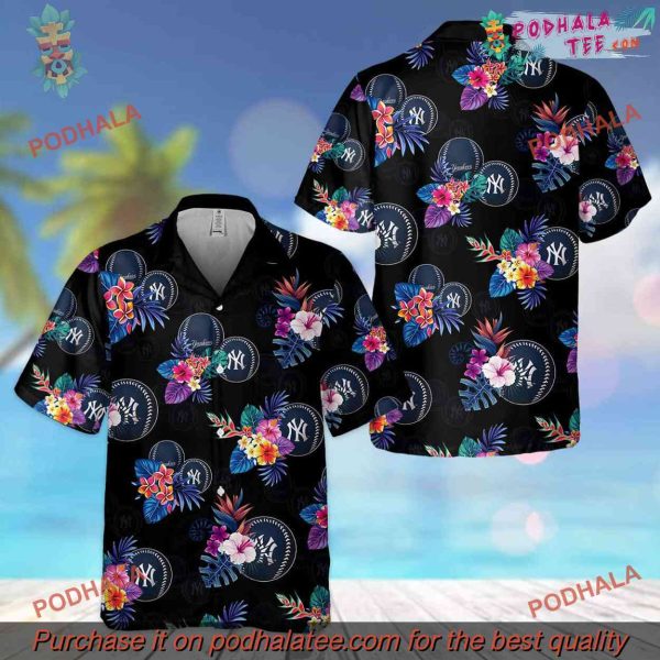 New York Yankees Hawaiian Shirt, Dark Theme Tropical Flower Design
