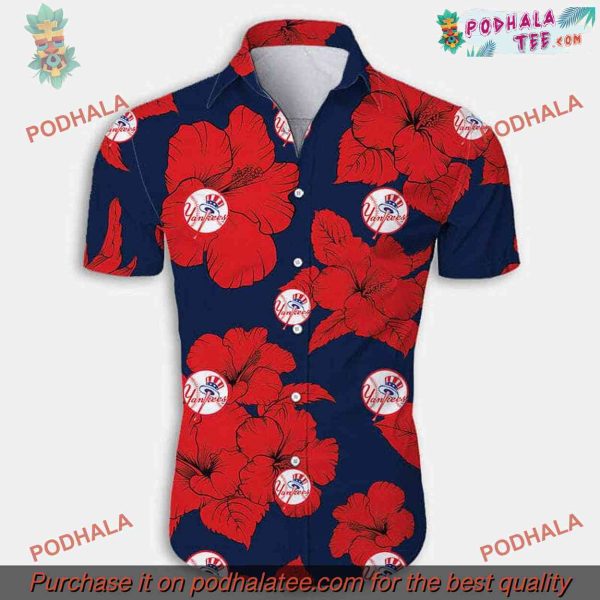 New York Yankees Hawaiian Shirt, Hibiscus Flower Yankees Clothing