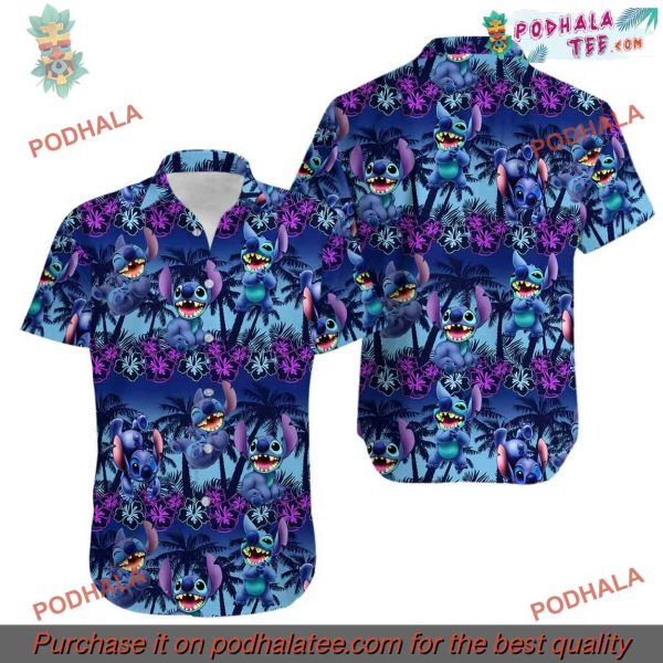 Stitch Blue Floral Hawaiian Shirt, Tropical Elegance, Beach Attire