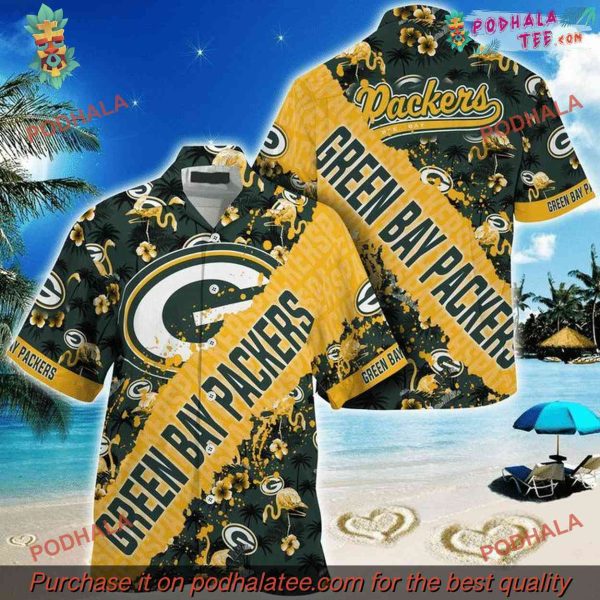 NFL Green Bay Packers Yellow Cover Green Text Hawaiian Shirt, Bold Packers Statement