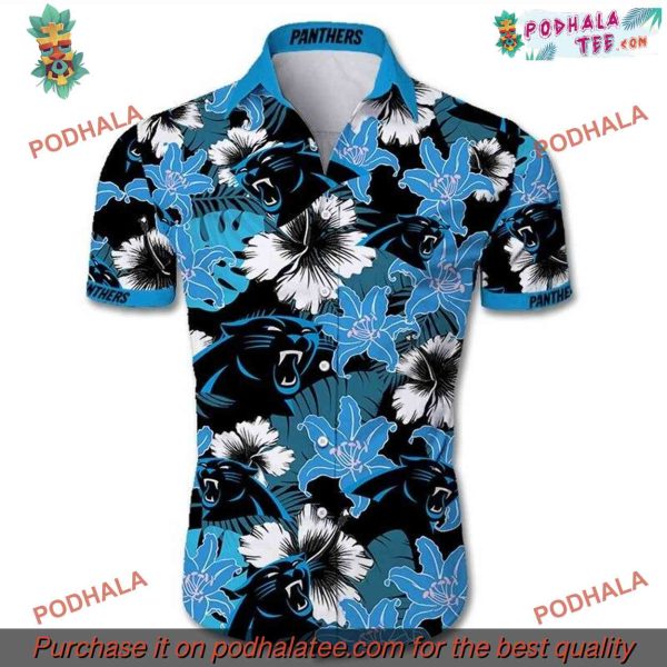 Tropical Flower Short Sleeve NFL Carolina Panthers Hawaiian Shirt Slim Fit